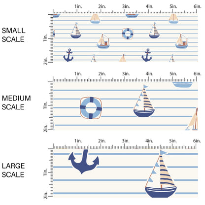 This scale chart of small scale, medium scale, and large scale of this summer fabric by the yard features sailboats on blue and white stripes. This fun themed fabric can be used for all your sewing and crafting needs!