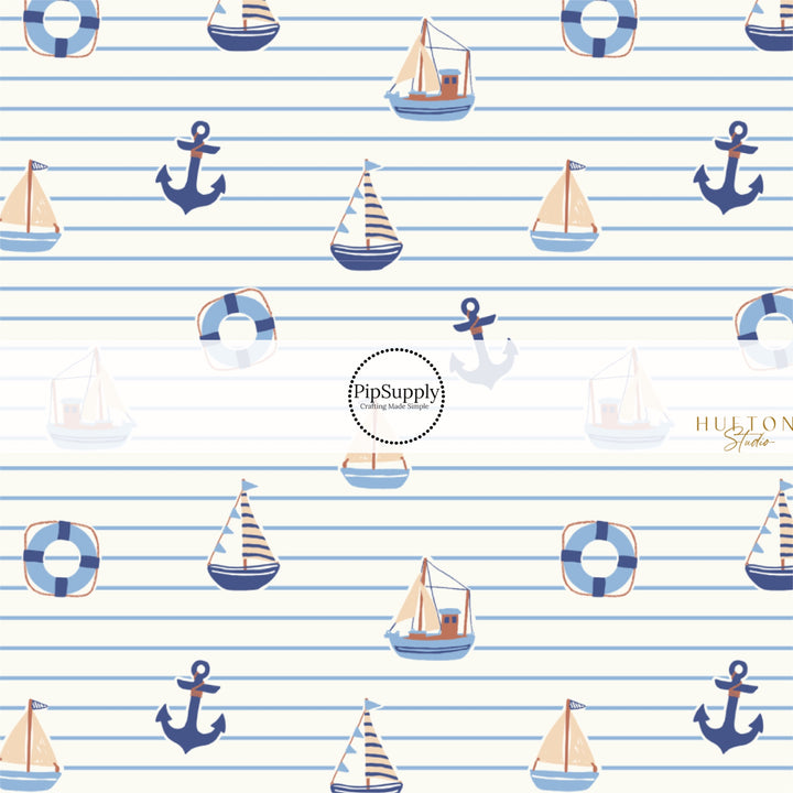 This summer fabric by the yard features sailboats on blue and white stripes. This fun themed fabric can be used for all your sewing and crafting needs!