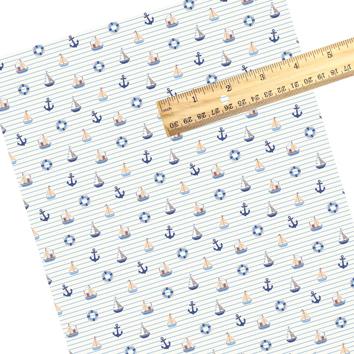 These summer faux leather sheets contain the following design elements: sailboats on blue and white stripes. Our CPSIA compliant faux leather sheets or rolls can be used for all types of crafting projects.