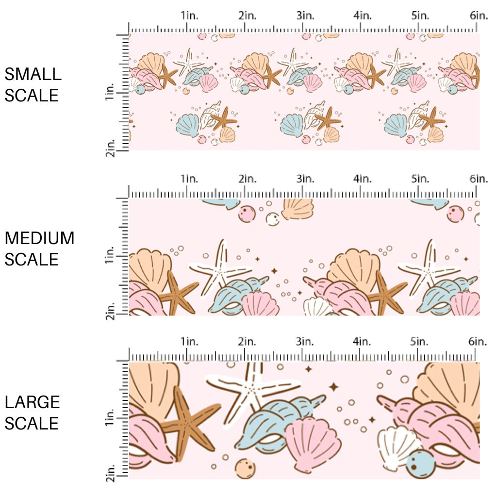 This scale chart of small scale, medium scale, and large scale of this beach fabric by the yard features seashells on light pink. This fun summer themed fabric can be used for all your sewing and crafting needs!