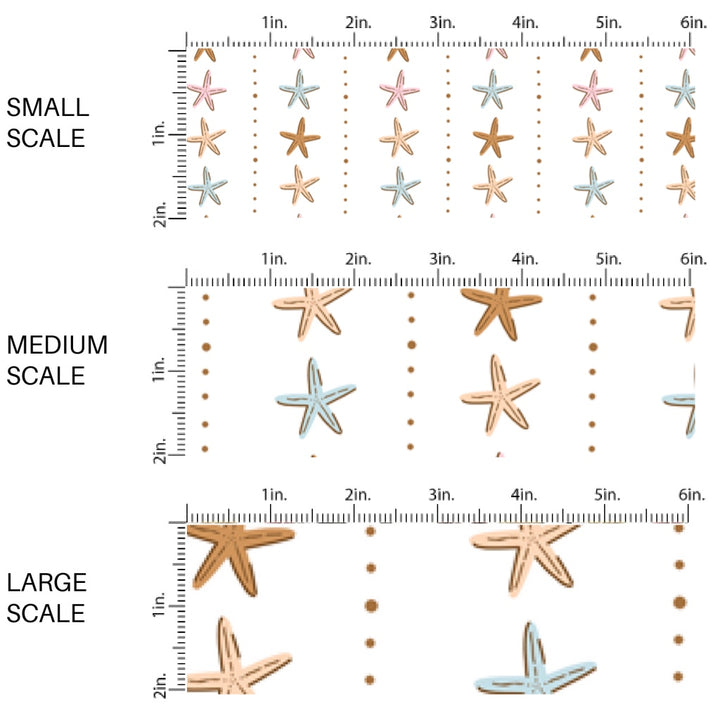 This scale chart of small scale, medium scale, and large scale of this beach fabric by the yard features starfish stripes on cream. This fun summer themed fabric can be used for all your sewing and crafting needs!