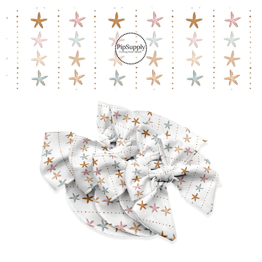 These beach themed no sew bow strips can be easily tied and attached to a clip for a finished hair bow. These summer patterned bow strips are great for personal use or to sell. These bow strips feature starfish stripes on cream.