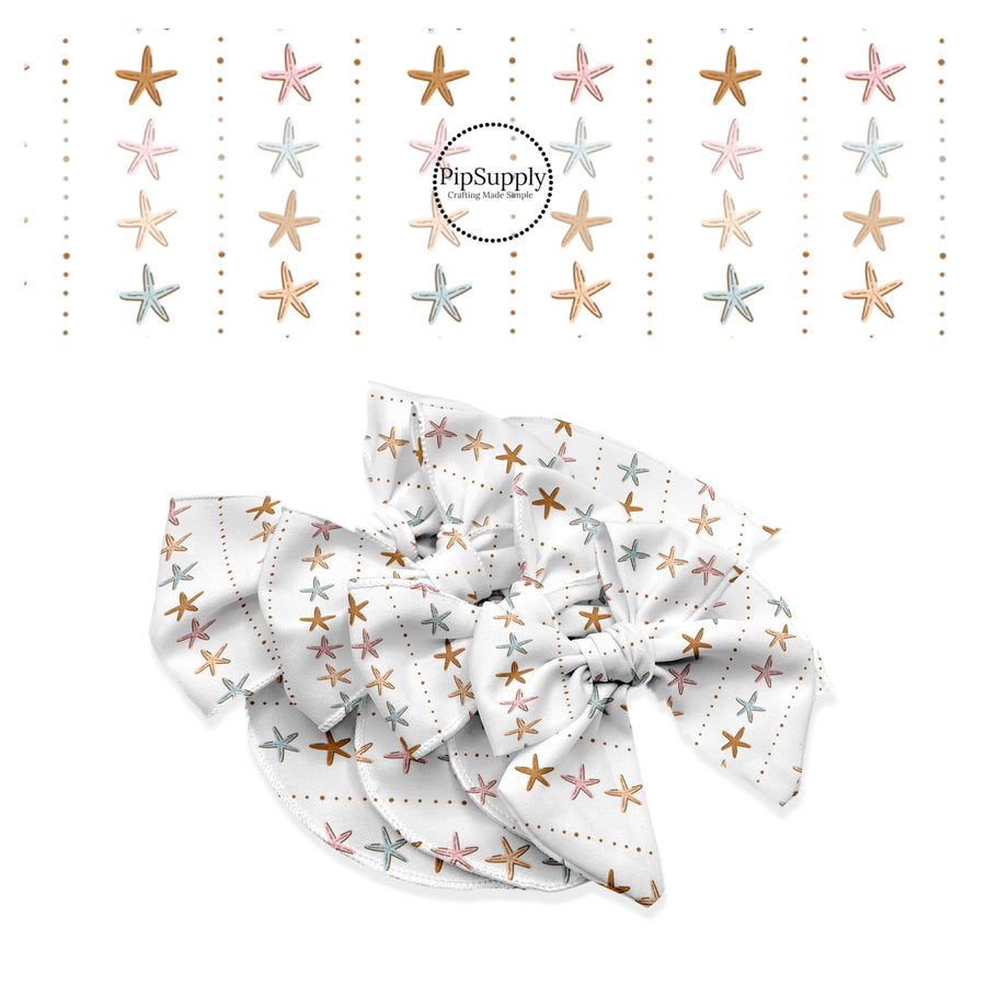 These beach themed no sew bow strips can be easily tied and attached to a clip for a finished hair bow. These summer patterned bow strips are great for personal use or to sell. These bow strips feature starfish stripes on cream.