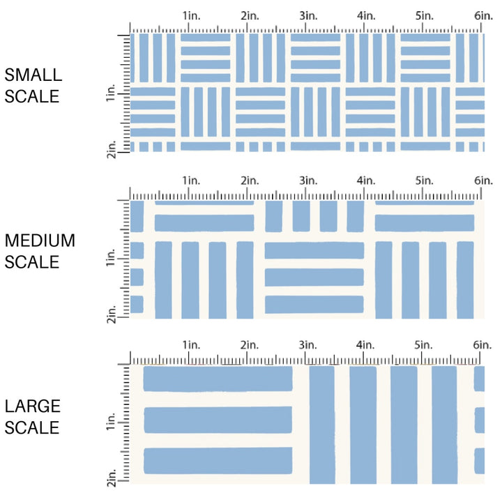 This scale chart of small scale, medium scale, and large scale of this summer fabric by the yard features light blue and white groove patterns. This fun themed fabric can be used for all your sewing and crafting needs!