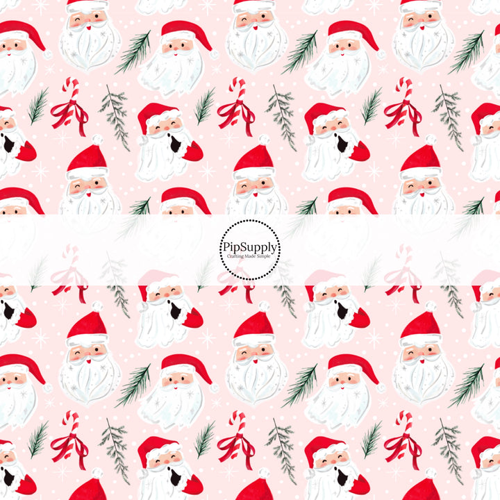 These Santa themed pattern fabric by the yard features the following design elements: Santa on pink. This fun themed fabric can be used for all your sewing and crafting needs!