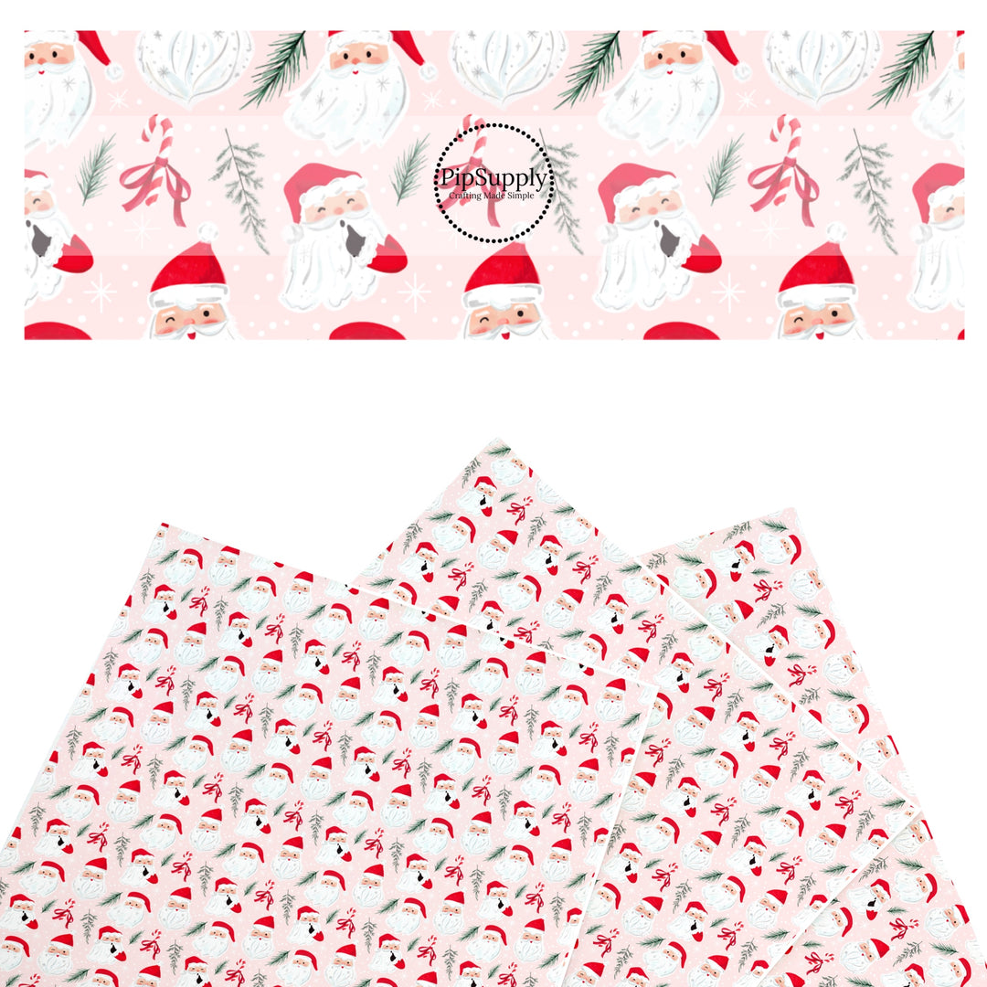 These Santa themed pattern faux leather sheets contain the following design elements: Santa on pink. Our CPSIA compliant faux leather sheets or rolls can be used for all types of crafting projects.