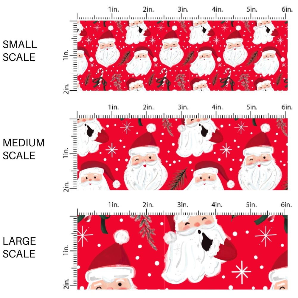 These Santa themed pattern fabric by the yard features the following design elements: Santa on red. This fun themed fabric can be used for all your sewing and crafting needs!