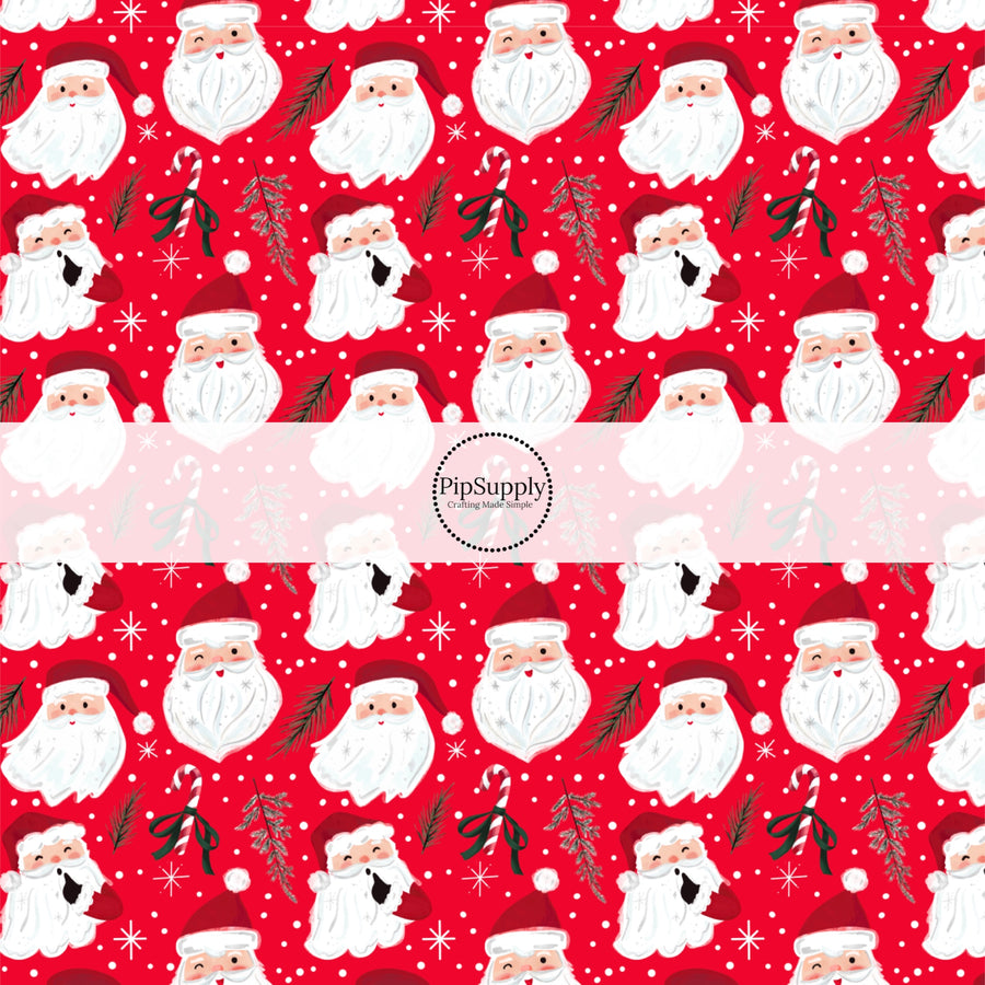 These Santa themed pattern fabric by the yard features the following design elements: Santa on red. This fun themed fabric can be used for all your sewing and crafting needs!