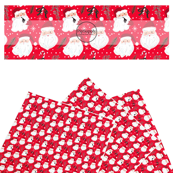 These Santa themed pattern faux leather sheets contain the following design elements: Santa on red. Our CPSIA compliant faux leather sheets or rolls can be used for all types of crafting projects.