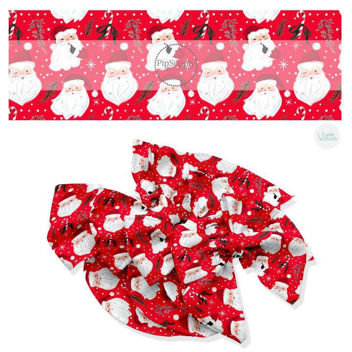 These Santa themed no sew bow strips can be easily tied and attached to a clip for a finished hair bow. These fun patterned bow strips are great for personal use or to sell. These bow strips feature the following design elements: Santa on red.