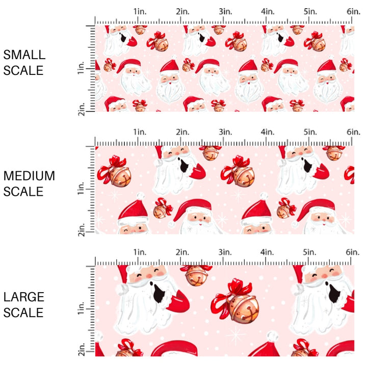 These Santa themed pattern fabric by the yard features the following design elements: Santa and Christmas bells on pink. This fun themed fabric can be used for all your sewing and crafting needs!