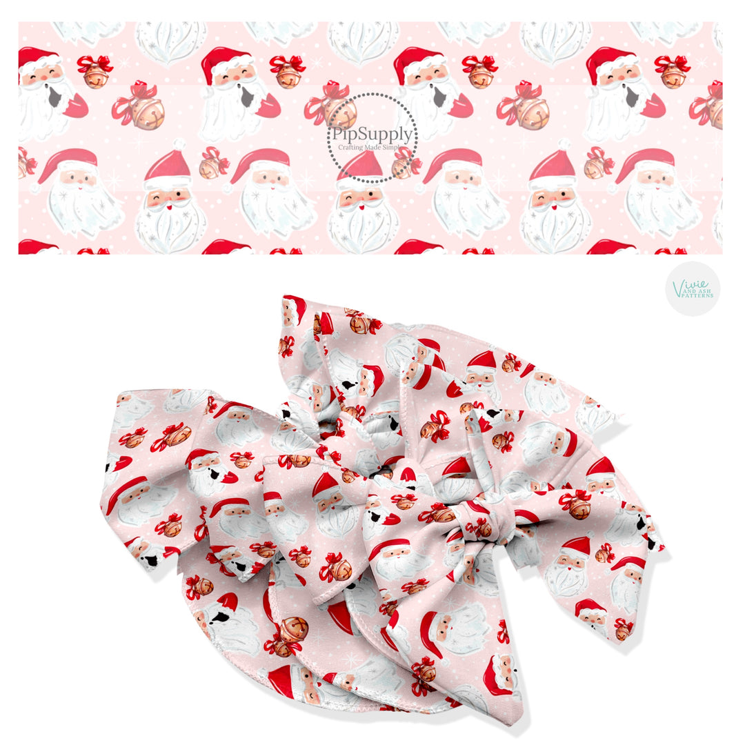 These Santa themed no sew bow strips can be easily tied and attached to a clip for a finished hair bow. These fun patterned bow strips are great for personal use or to sell. These bow strips feature the following design elements: Santa and Christmas bells on pink.