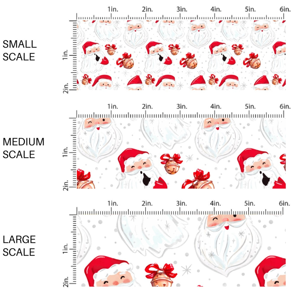 These Santa themed pattern fabric by the yard features the following design elements: Santa and Christmas bells on white. This fun themed fabric can be used for all your sewing and crafting needs!