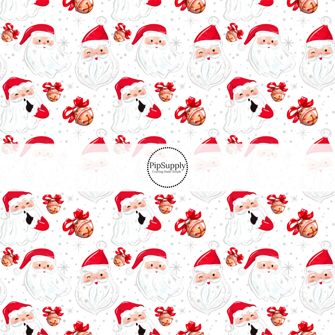 These Santa themed pattern fabric by the yard features the following design elements: Santa and Christmas bells on white. This fun themed fabric can be used for all your sewing and crafting needs!