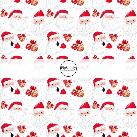 These Santa themed pattern fabric by the yard features the following design elements: Santa and Christmas bells on white. This fun themed fabric can be used for all your sewing and crafting needs!