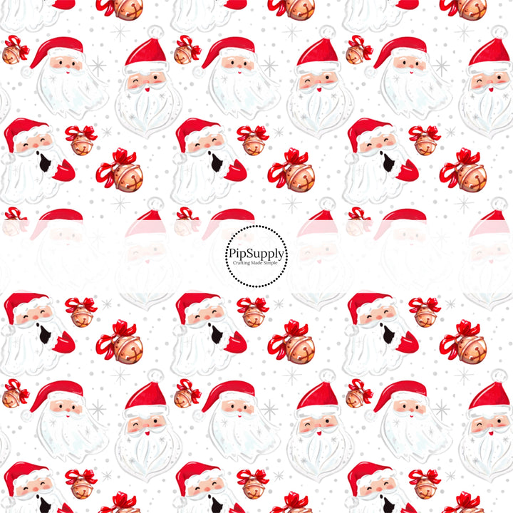 These Santa themed pattern fabric by the yard features the following design elements: Santa and Christmas bells on white. This fun themed fabric can be used for all your sewing and crafting needs!