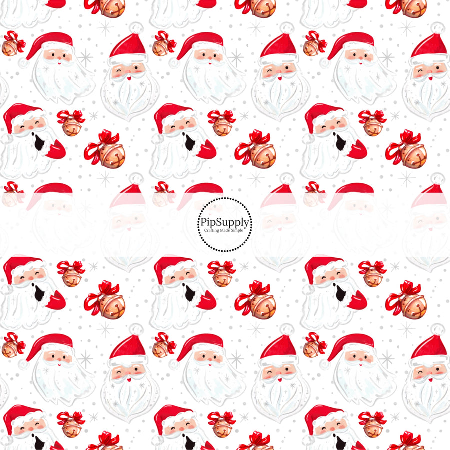 These Santa themed pattern fabric by the yard features the following design elements: Santa and Christmas bells on white. This fun themed fabric can be used for all your sewing and crafting needs!