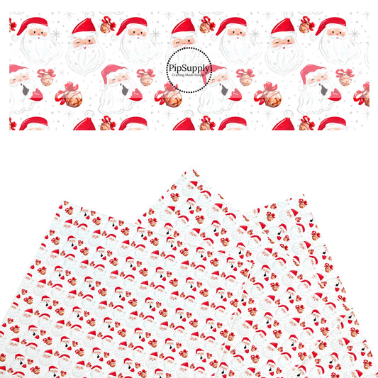 These Santa themed pattern faux leather sheets contain the following design elements: Santa and Christmas bells on white. Our CPSIA compliant faux leather sheets or rolls can be used for all types of crafting projects.