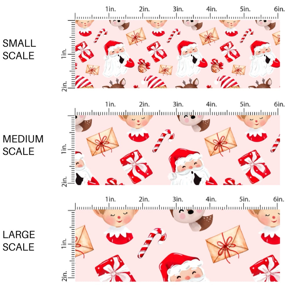 These Santa themed pattern fabric by the yard features the following design elements: Santa. elves, and friends on pink. This fun themed fabric can be used for all your sewing and crafting needs!