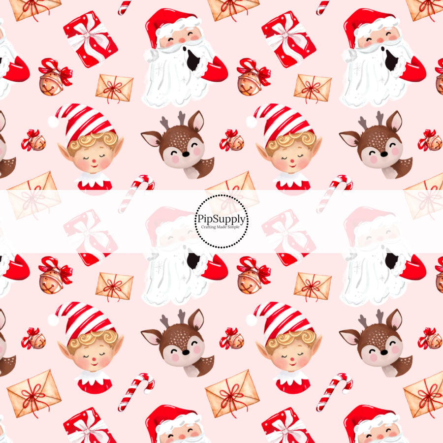 These Santa themed pattern fabric by the yard features the following design elements: Santa. elves, and friends on pink. This fun themed fabric can be used for all your sewing and crafting needs!