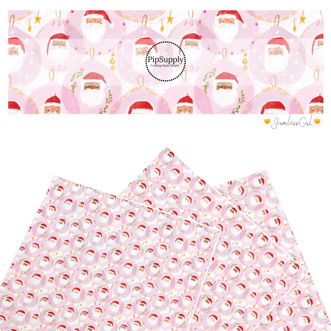 These Christmas Santa themed pattern faux leather sheets contain the following design elements: Santa on pink. Our CPSIA compliant faux leather sheets or rolls can be used for all types of crafting projects.