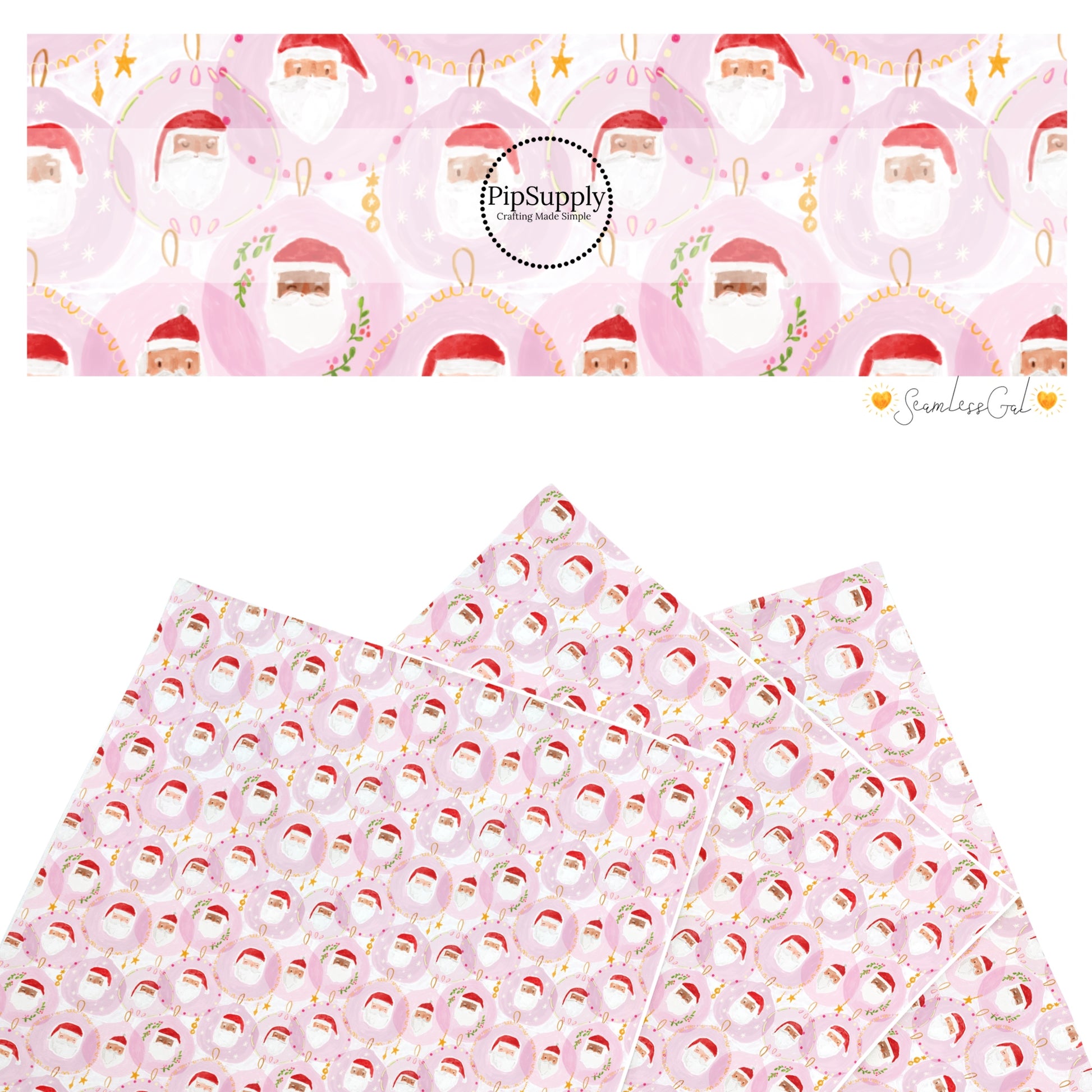 These Christmas Santa themed pattern faux leather sheets contain the following design elements: Santa on pink. Our CPSIA compliant faux leather sheets or rolls can be used for all types of crafting projects.