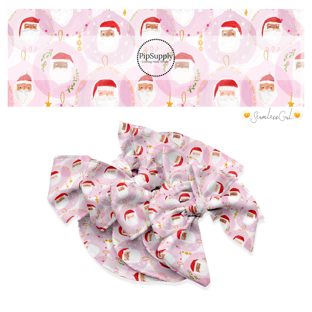 These Christmas Santa themed no sew bow strips can be easily tied and attached to a clip for a finished hair bow. These fun patterned bow strips are great for personal use or to sell. These bow strips feature the following design elements: Santa on pink.