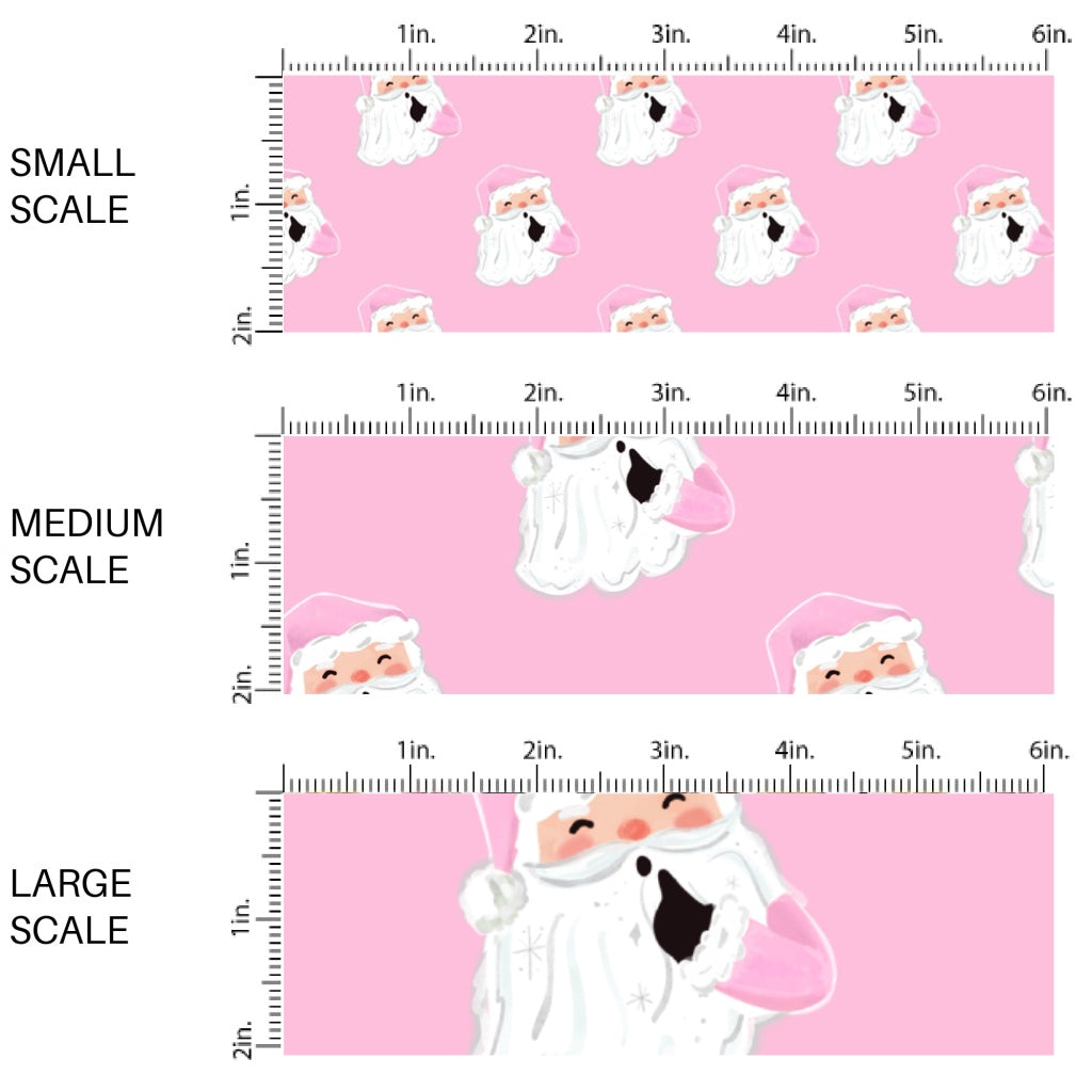 These Santa themed pattern fabric by the yard features the following design elements: Santa on pink. This fun themed fabric can be used for all your sewing and crafting needs!