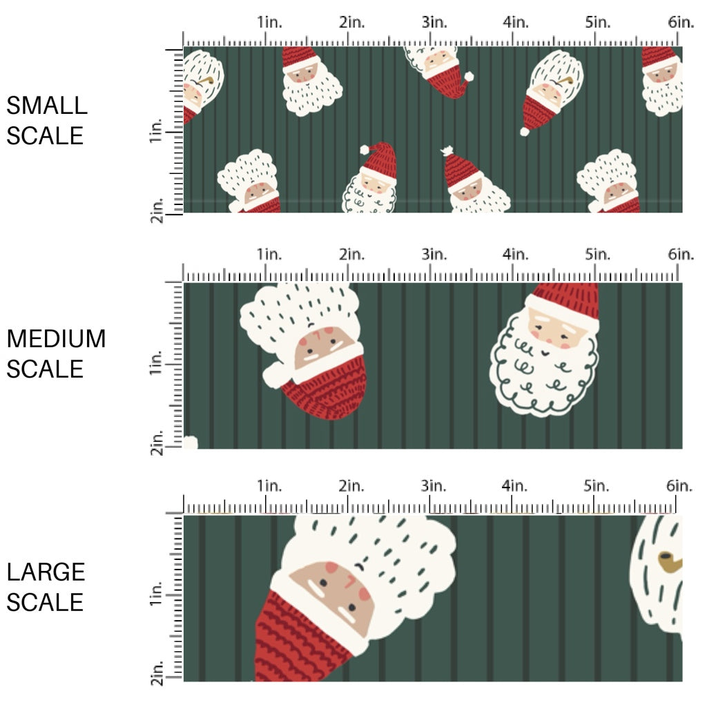 These Christmas Santa themed pattern fabric by the yard features the following design elements: Santa and stripes on green. This fun themed fabric can be used for all your sewing and crafting needs!