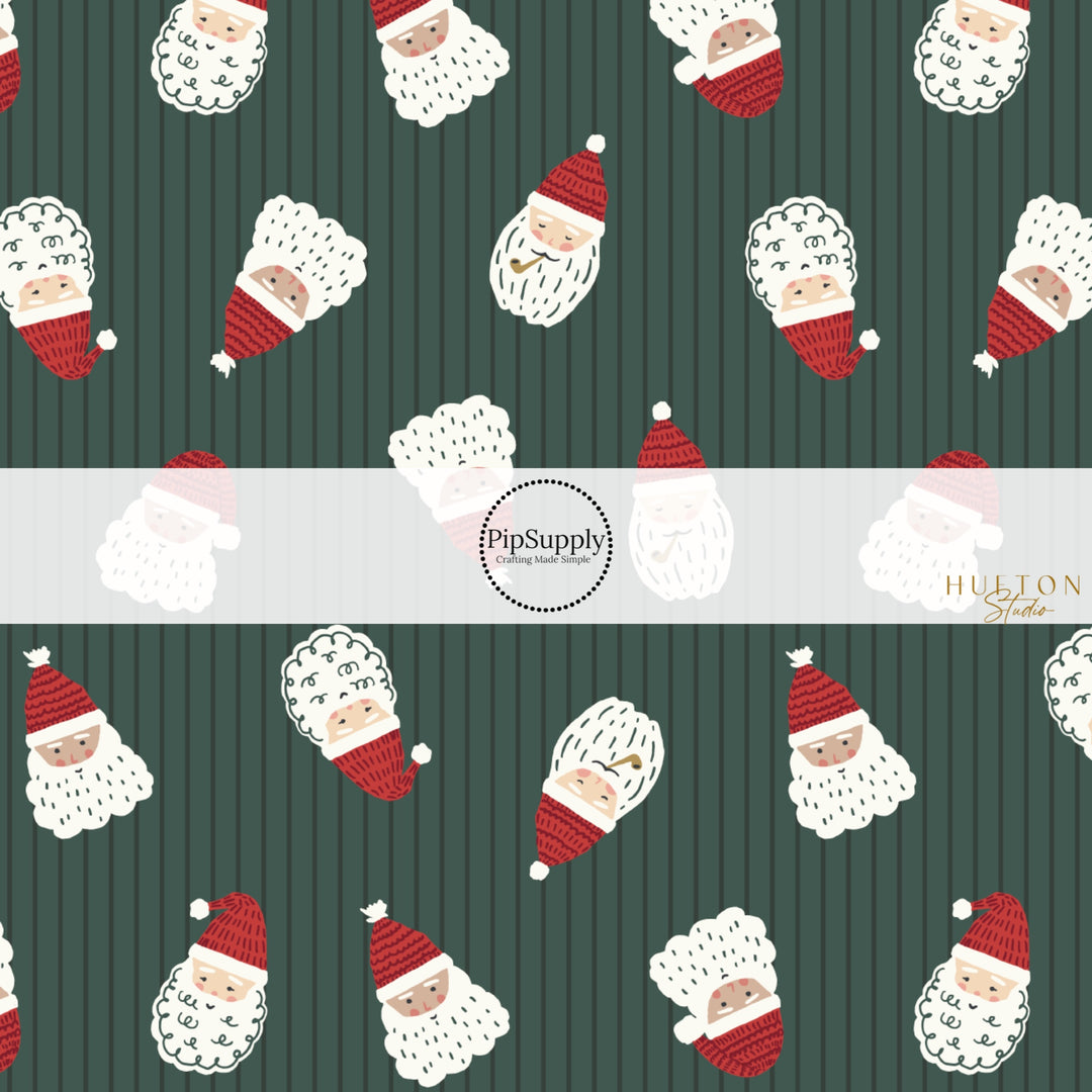 These Christmas Santa themed pattern fabric by the yard features the following design elements: Santa and stripes on green. This fun themed fabric can be used for all your sewing and crafting needs!