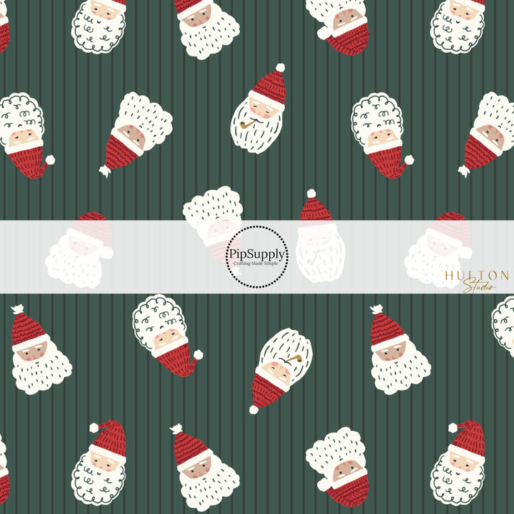 These Christmas Santa themed pattern fabric by the yard features the following design elements: Santa and stripes on green. This fun themed fabric can be used for all your sewing and crafting needs!