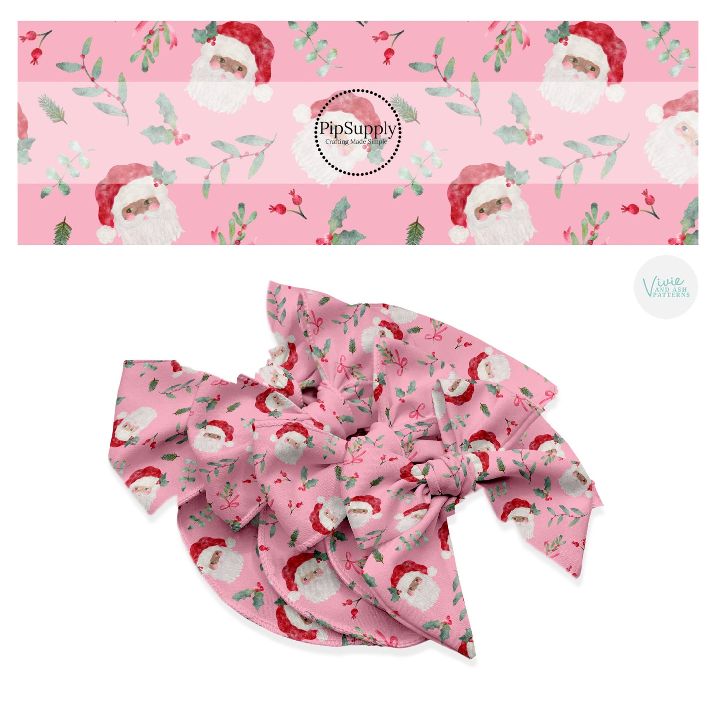 Santa claus and holly on pink hair bow strips