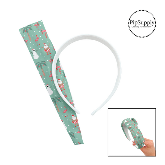 Santa with pool float, snowman, flamingos, palm trees, and polka dots on green knotted headband kit