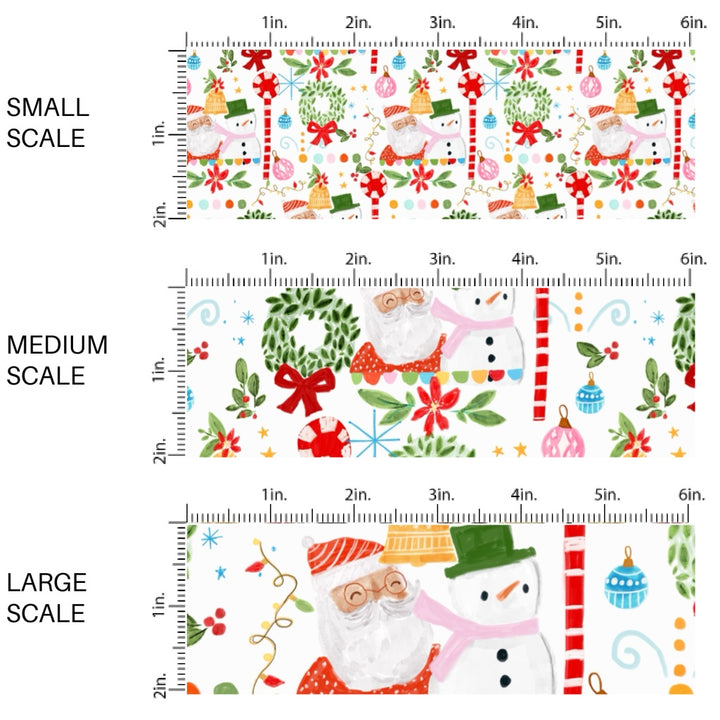 These Christmas themed pattern fabric by the yard features the following design elements: Santa, Christmas wreaths, and decorations on cream. This fun themed fabric can be used for all your sewing and crafting needs!