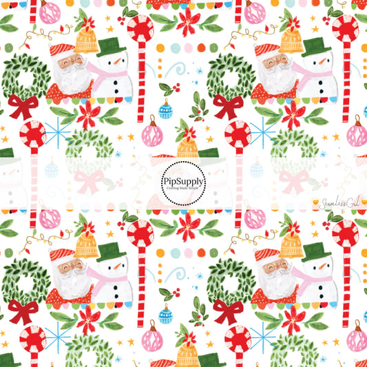 These Christmas themed pattern fabric by the yard features the following design elements: Santa, Christmas wreaths, and decorations on cream. This fun themed fabric can be used for all your sewing and crafting needs!