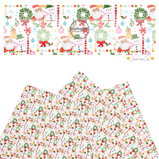 These Christmas themed pattern faux leather sheets contain the following design elements: Santa, Christmas wreaths, and decorations on cream. Our CPSIA compliant faux leather sheets or rolls can be used for all types of crafting projects.