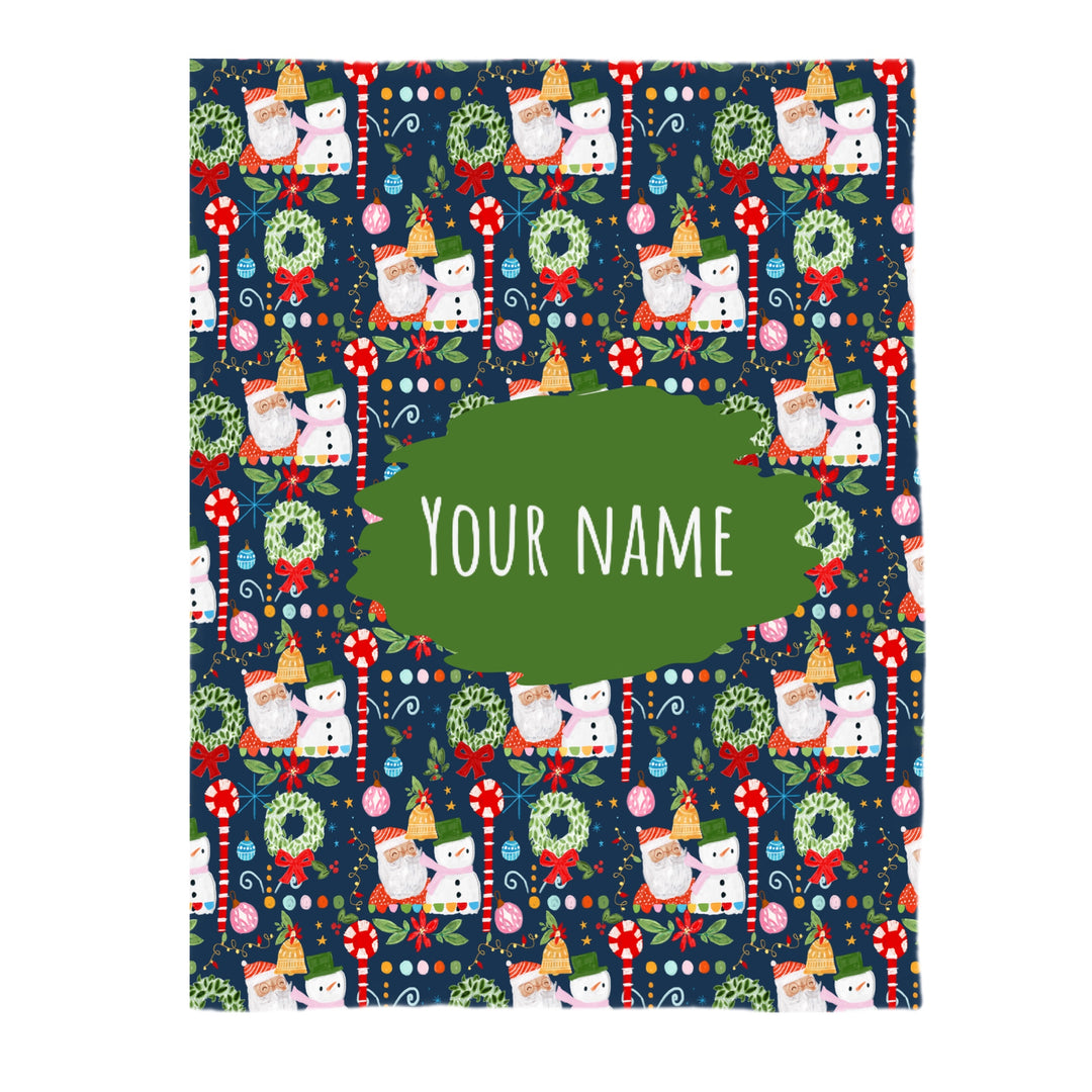 This winter designer pattern is printed onto the front side of our soft touch minky blankets. The backside will not be printed and left the natural cream/white color of the blanket. This print pattern features Santa, Christmas wreaths, and decorations on navy.