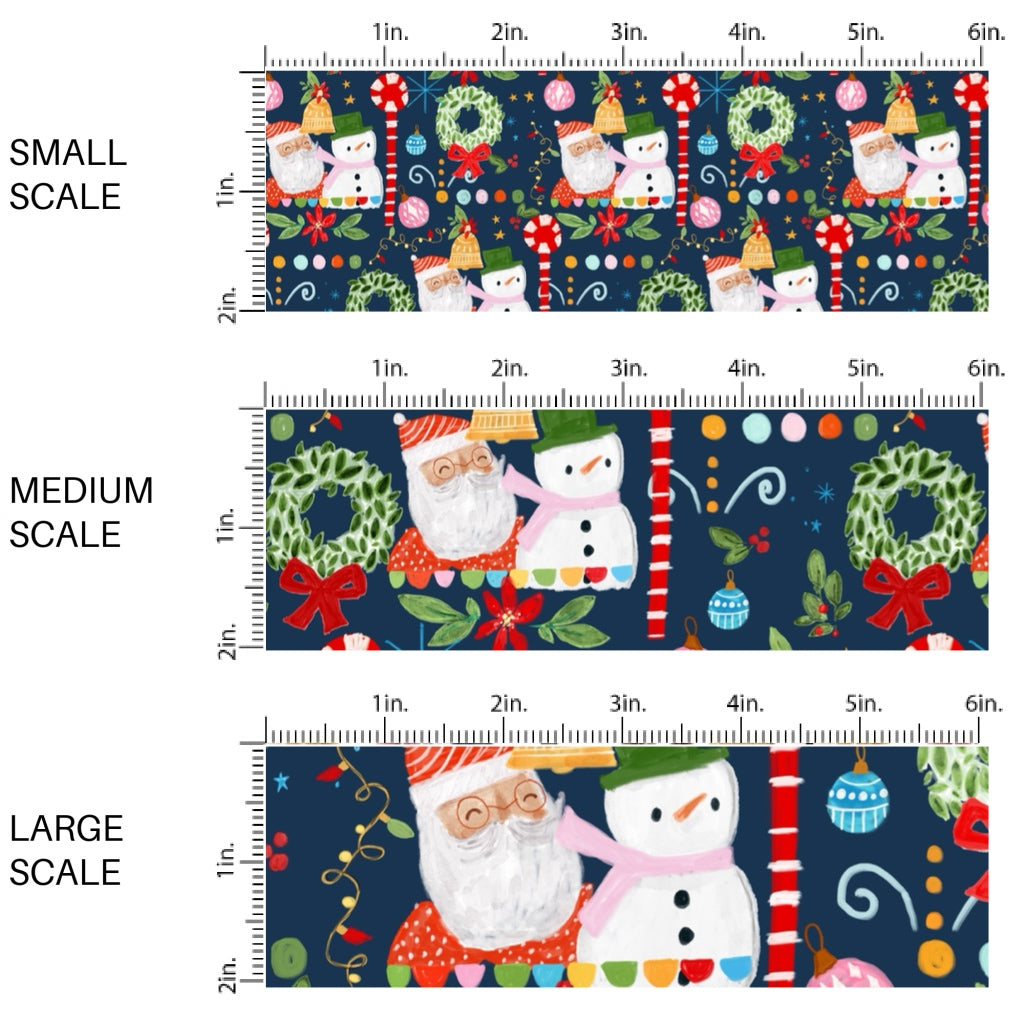 These Christmas themed pattern fabric by the yard features the following design elements: Santa, Christmas wreaths, and decorations on navy. This fun themed fabric can be used for all your sewing and crafting needs!