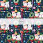 These Christmas themed pattern fabric by the yard features the following design elements: Santa, Christmas wreaths, and decorations on navy. This fun themed fabric can be used for all your sewing and crafting needs!