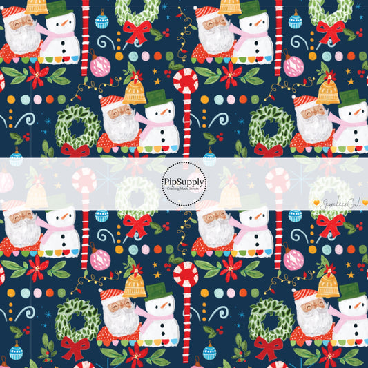 These Christmas themed pattern fabric by the yard features the following design elements: Santa, Christmas wreaths, and decorations on navy. This fun themed fabric can be used for all your sewing and crafting needs!