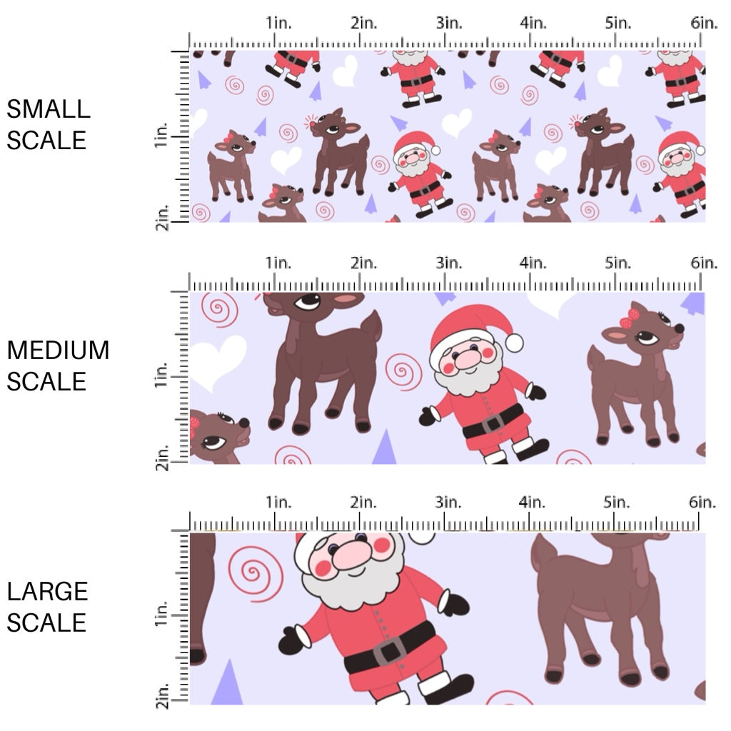 These Christmas themed pattern fabric by the yard features the following design elements: Santa and reindeer on purple. This fun themed fabric can be used for all your sewing and crafting needs!