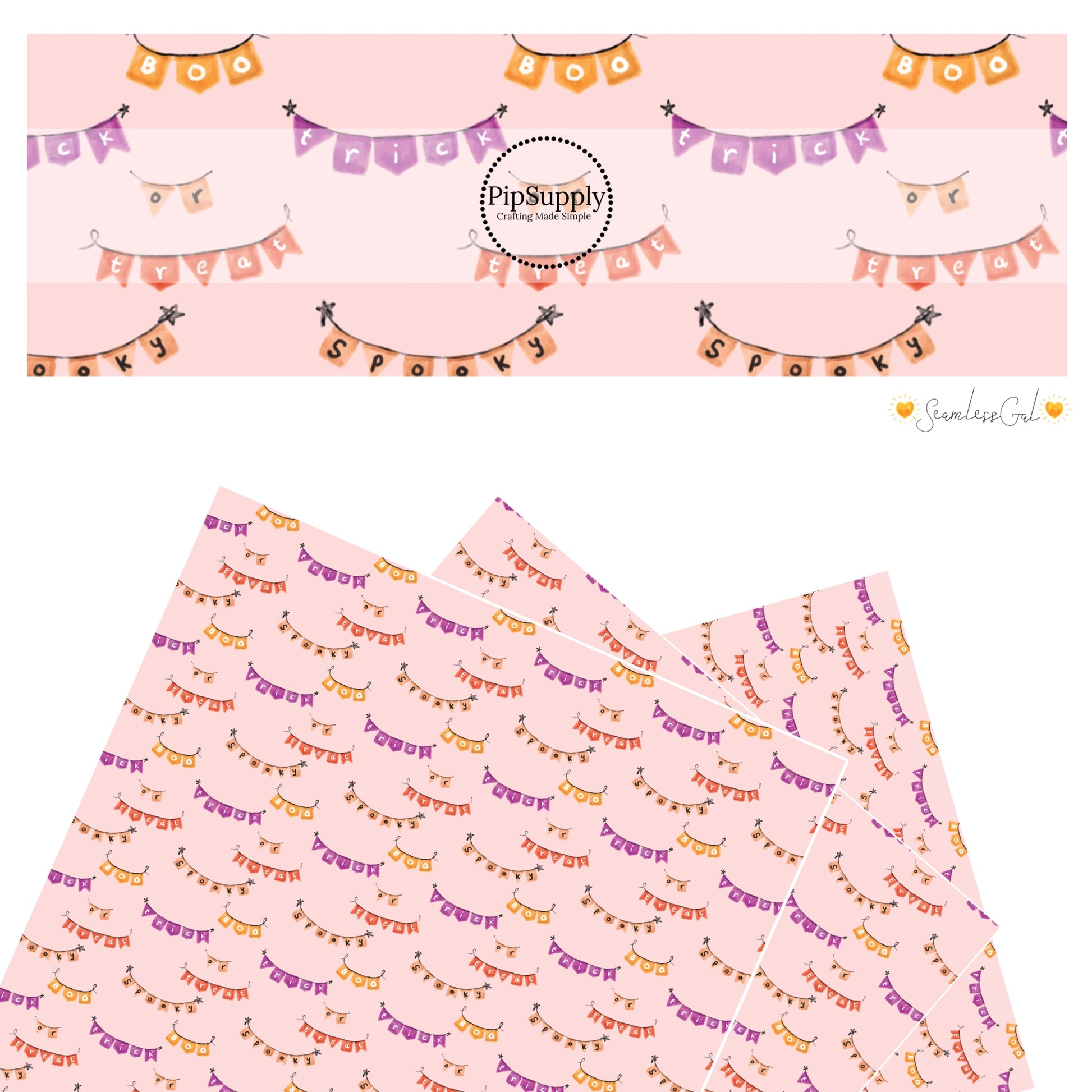 Banners with halloween sayings on pink faux leather sheets