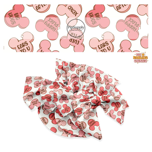 Pink mouse candy with sayings on cream hair bow strips