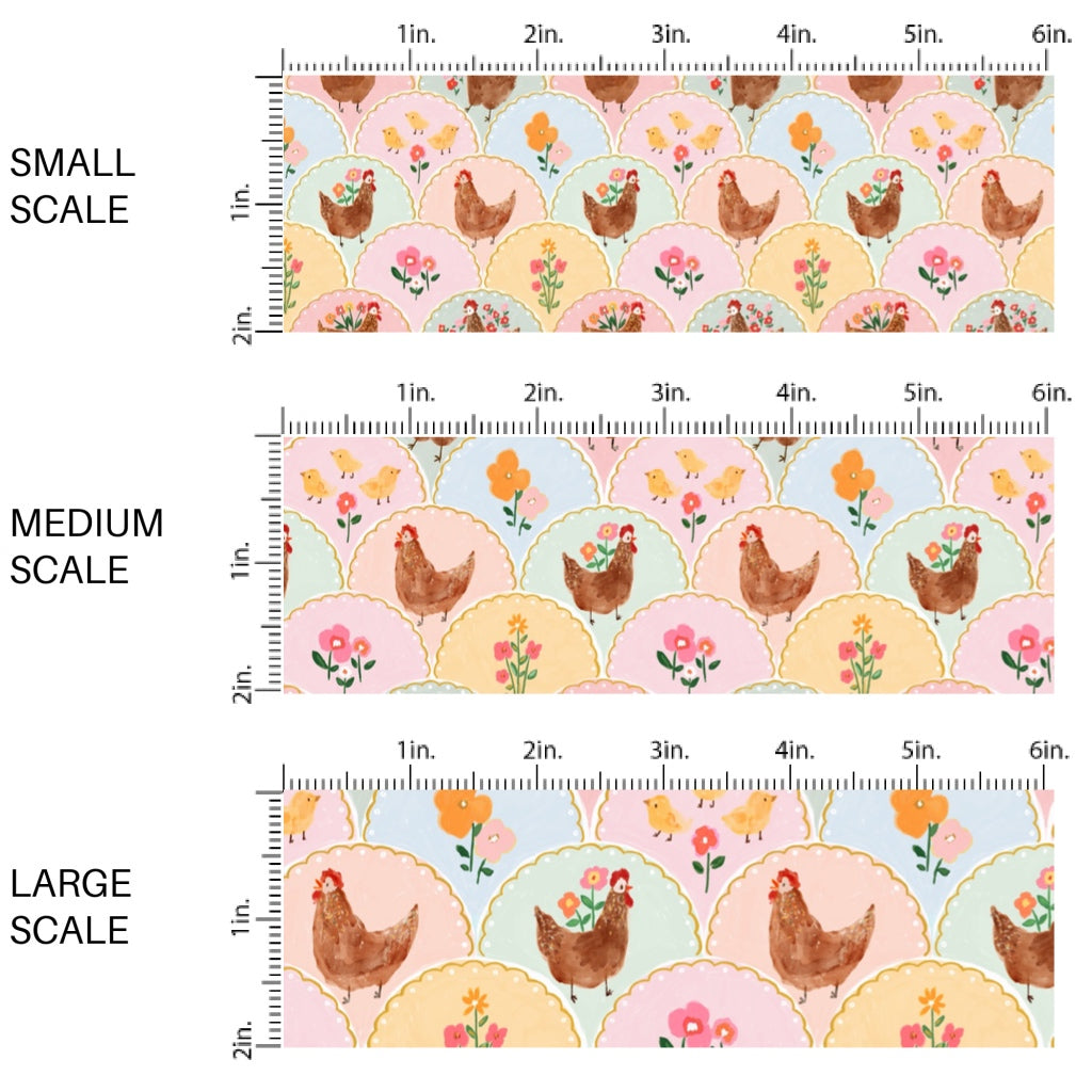 This spring themed fabric by the yard features chickens and flowers on a pastel scalloped pattern. This fun pattern fabric can be used for all your sewing and crafting needs!