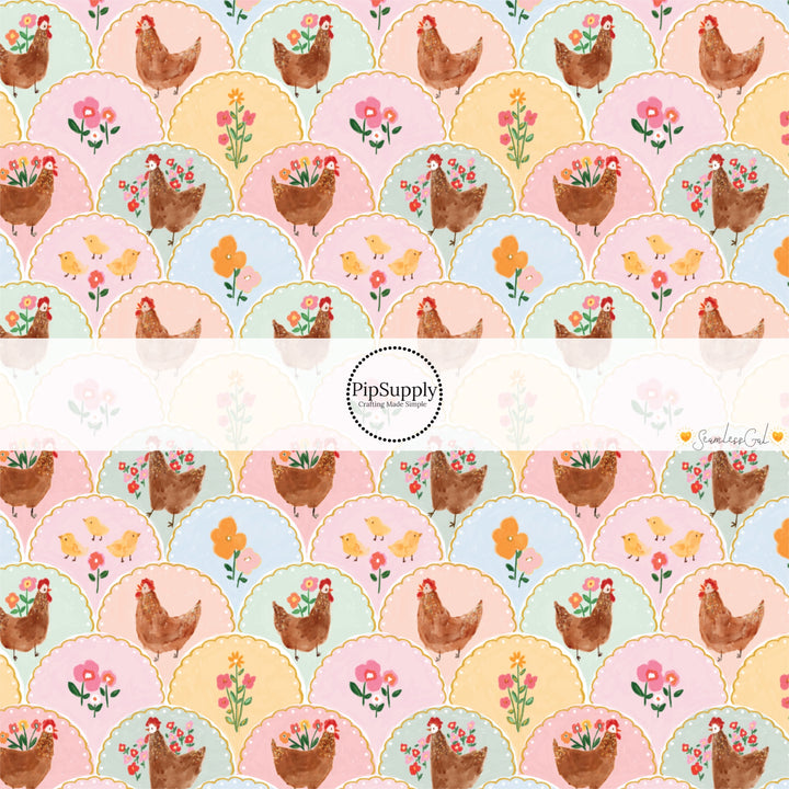 This spring themed fabric by the yard features chickens and flowers on a pastel scalloped pattern. This fun pattern fabric can be used for all your sewing and crafting needs!