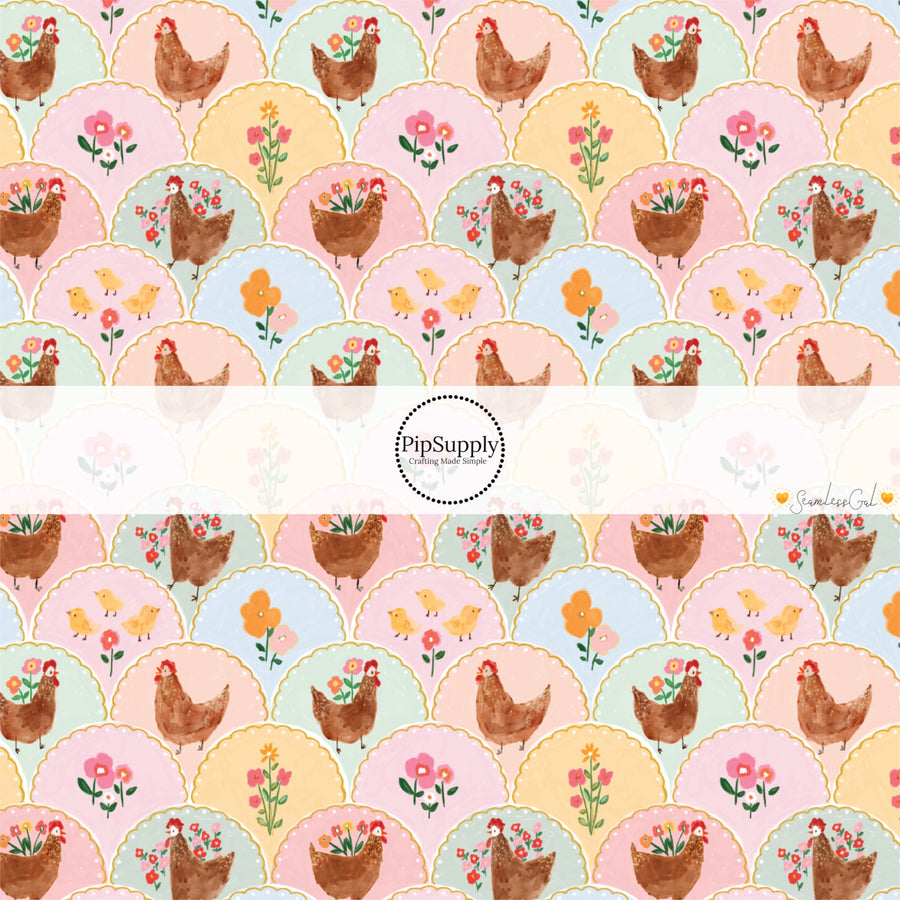 This spring themed fabric by the yard features chickens and flowers on a pastel scalloped pattern. This fun pattern fabric can be used for all your sewing and crafting needs!