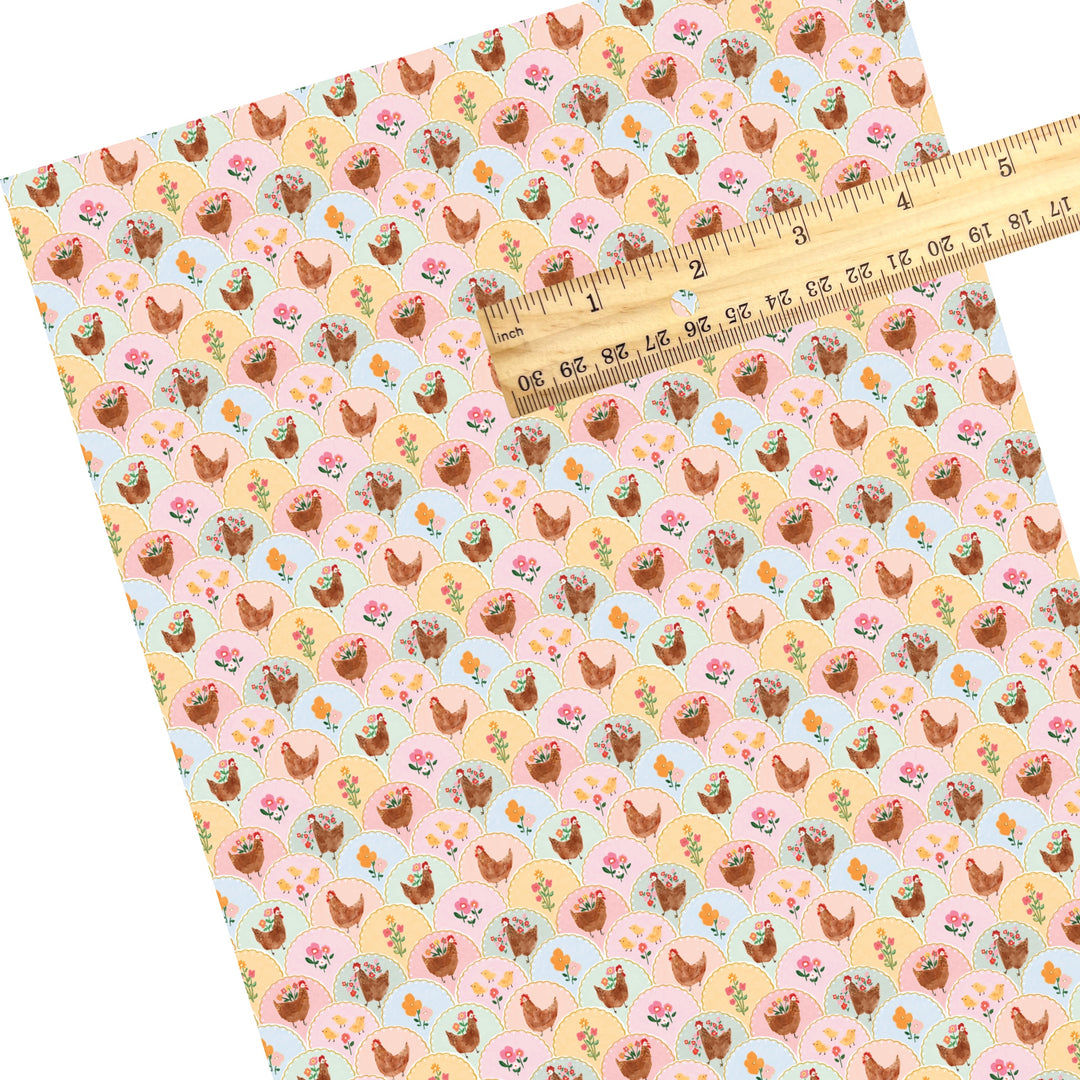 These spring themed faux leather sheets contain the following design elements: chickens and flowers on a pastel scalloped pattern . Our CPSIA compliant faux leather sheets or rolls can be used for all types of crafting projects.