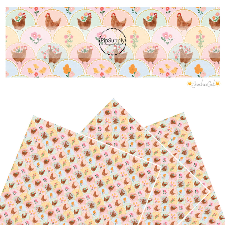 These spring themed faux leather sheets contain the following design elements: chickens and flowers on a pastel scalloped pattern . Our CPSIA compliant faux leather sheets or rolls can be used for all types of crafting projects.