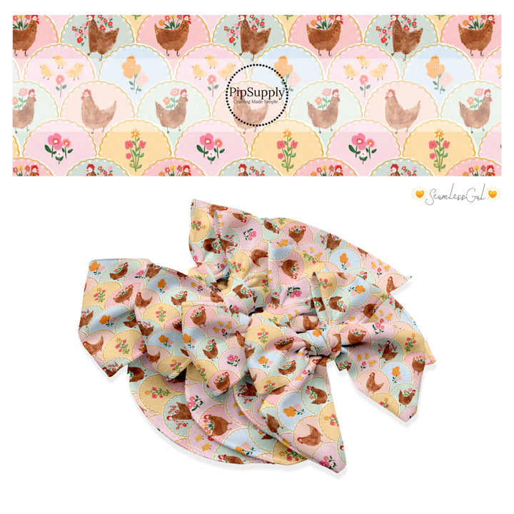 These spring no sew bow strips can be easily tied and attached to a clip for a finished hair bow. These fun bow strips are great for personal use or to sell. These bow strips feature the following design elements: chickens and flowers on a pastel scalloped pattern.