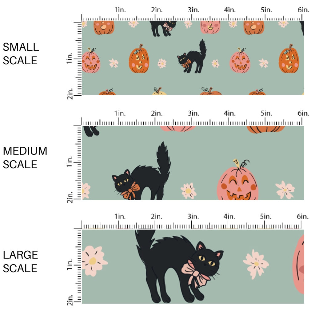 This scale chart of small scale, medium scale, and large scale of these Halloween themed pattern fabric by the yard features the following design elements: black cats and pumpkins on light blue. This fun spooky themed fabric can be used for all your sewing and crafting needs!